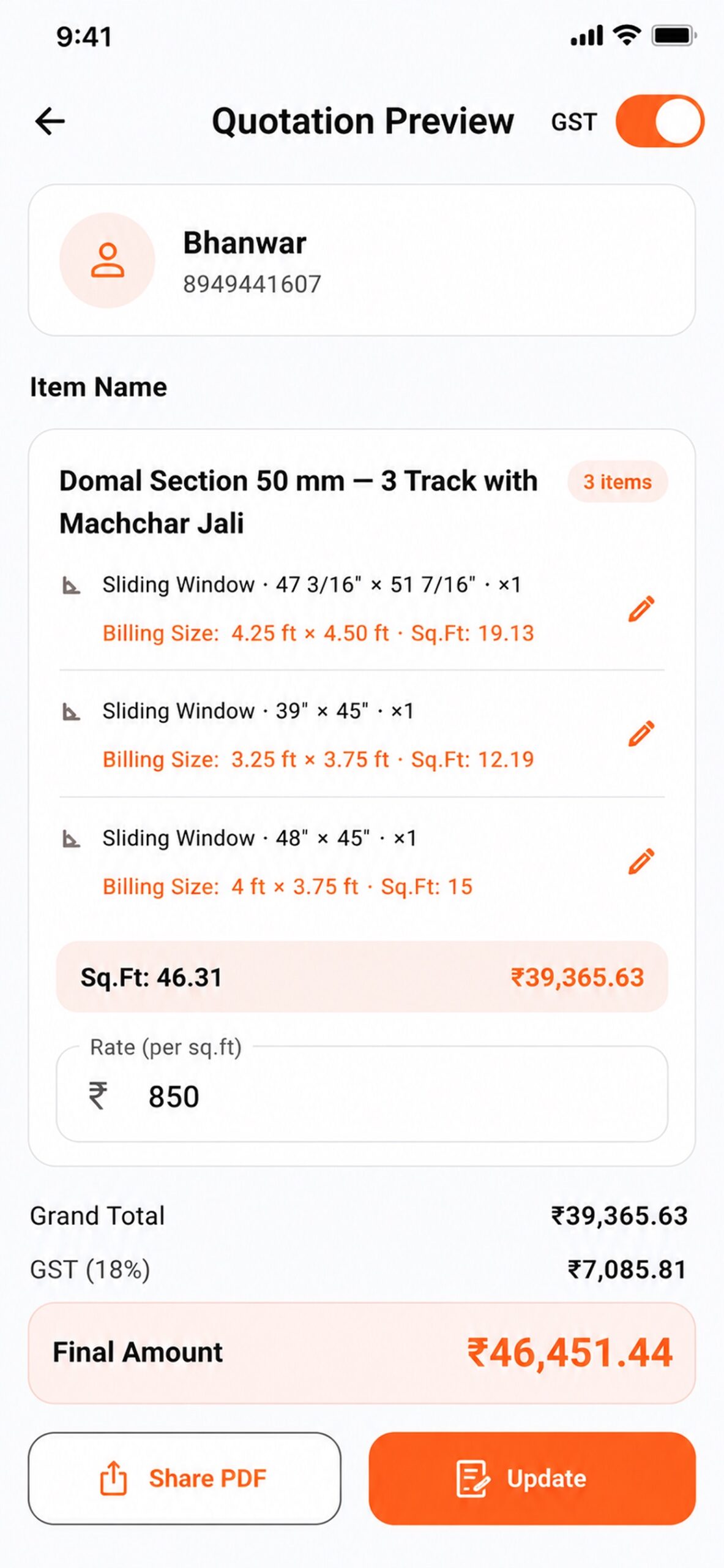 AluPilot quotation preview with itemized billing
