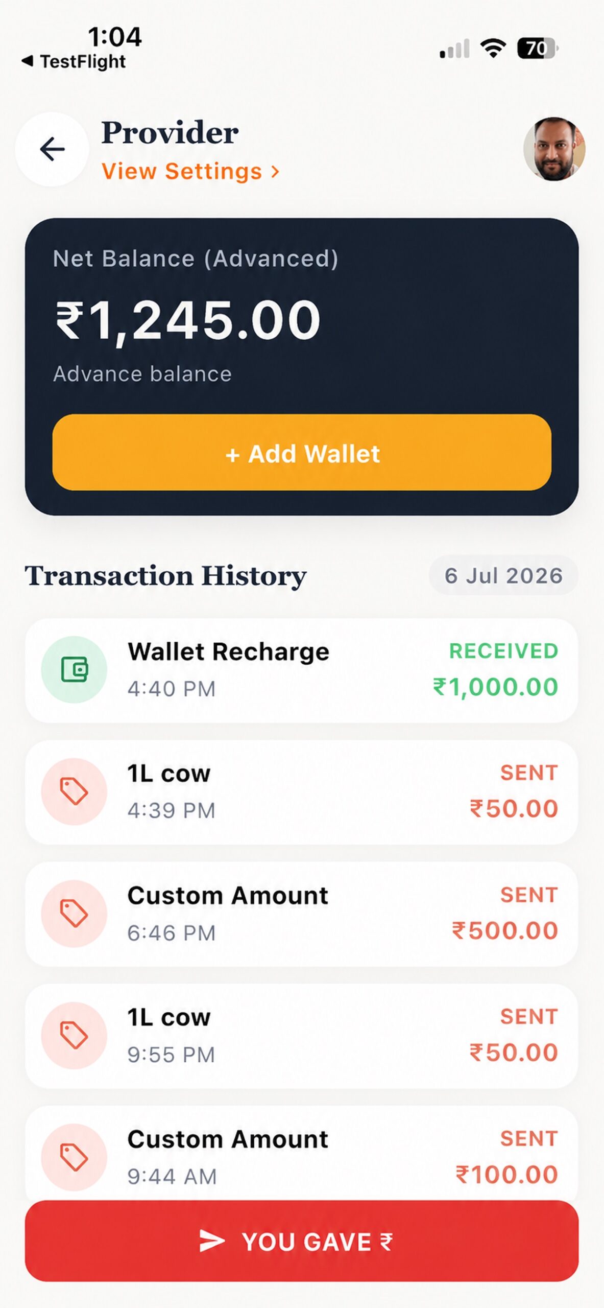 CUPN provider wallet with advance balance and transaction history