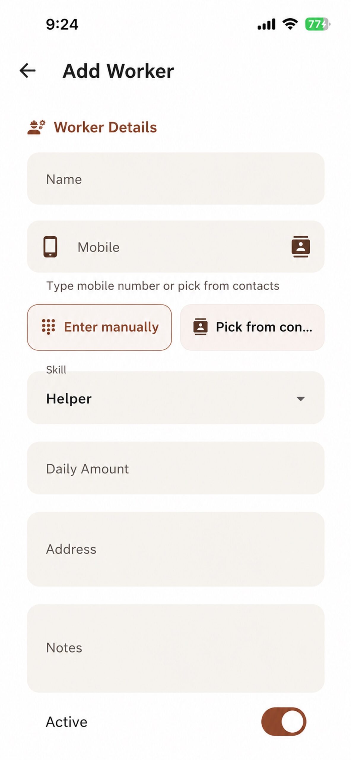 Worker Sites add-worker form with skill, daily amount, and contact details