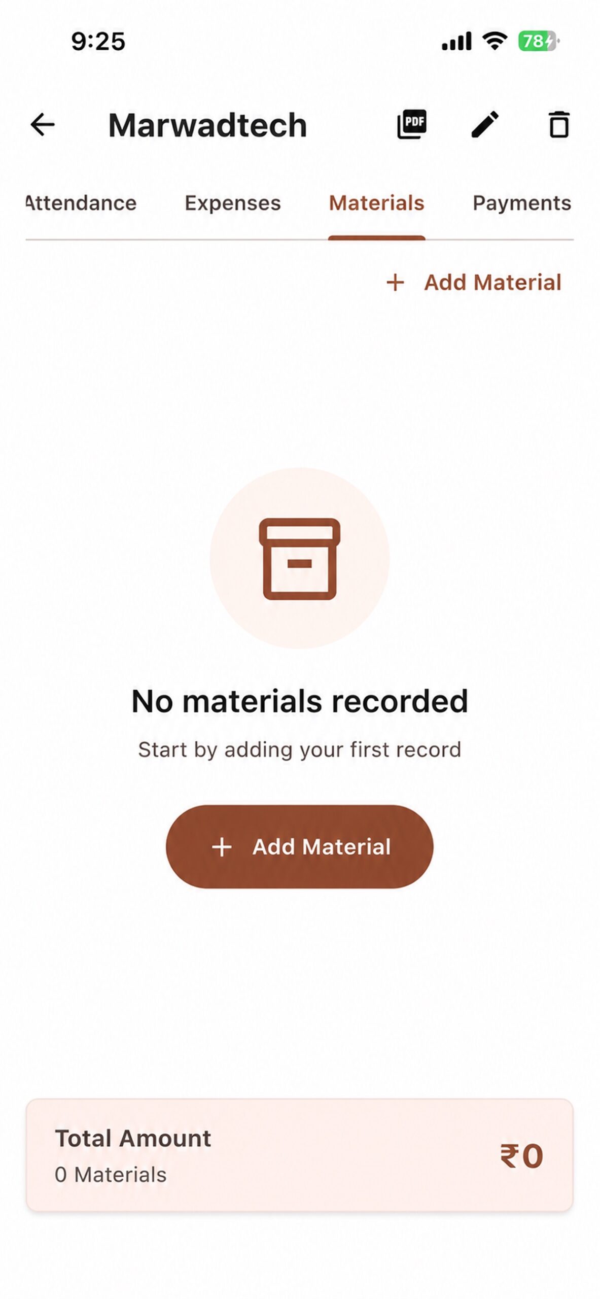 Worker Sites materials tab on a construction site