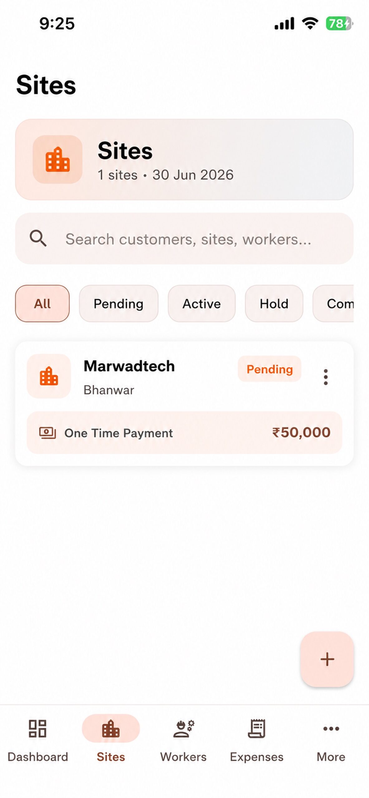 Worker Sites list showing a construction site linked to a customer with one-time payment
