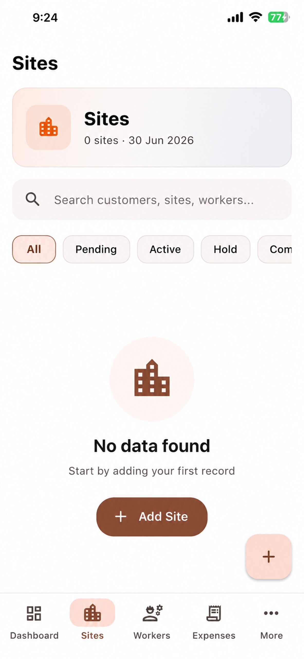 Worker Sites sites list with search and status filters